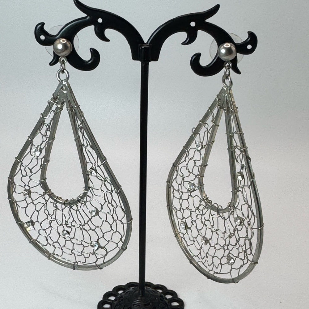 Silver Crescent Filigree Earrings with Crystals